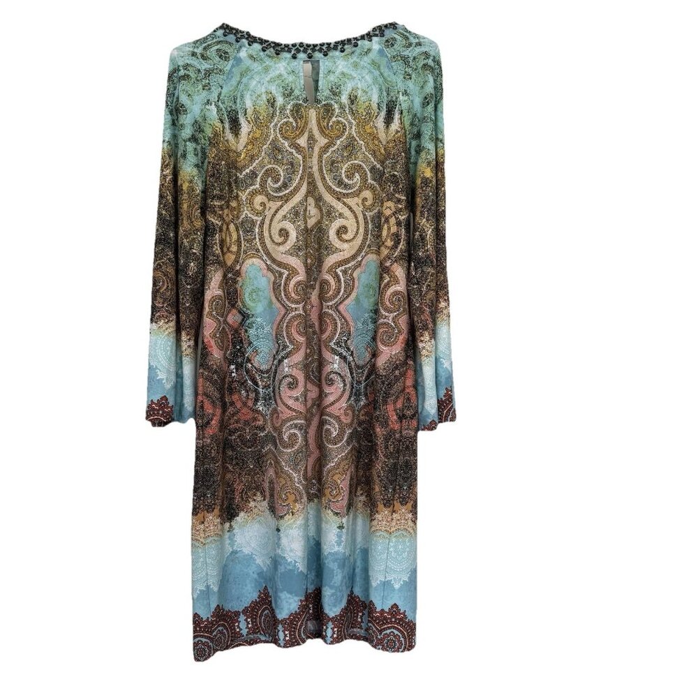 Chicos 1 Paisley Beaded Neck Dress 8 10 Cold Shoulder Split Slv Boho Retro 60s